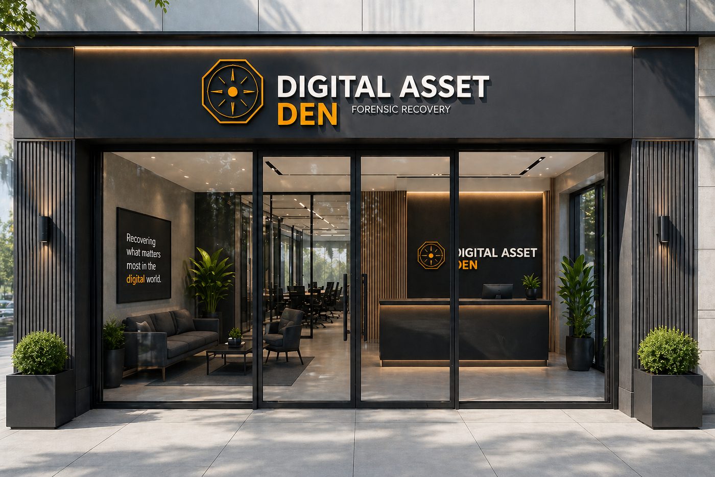 Digital Asset Den storefront — forensic recovery office in Bakersfield