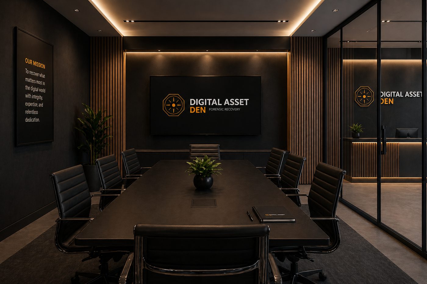 Digital Asset Den case-review boardroom — where wallet evidence is examined