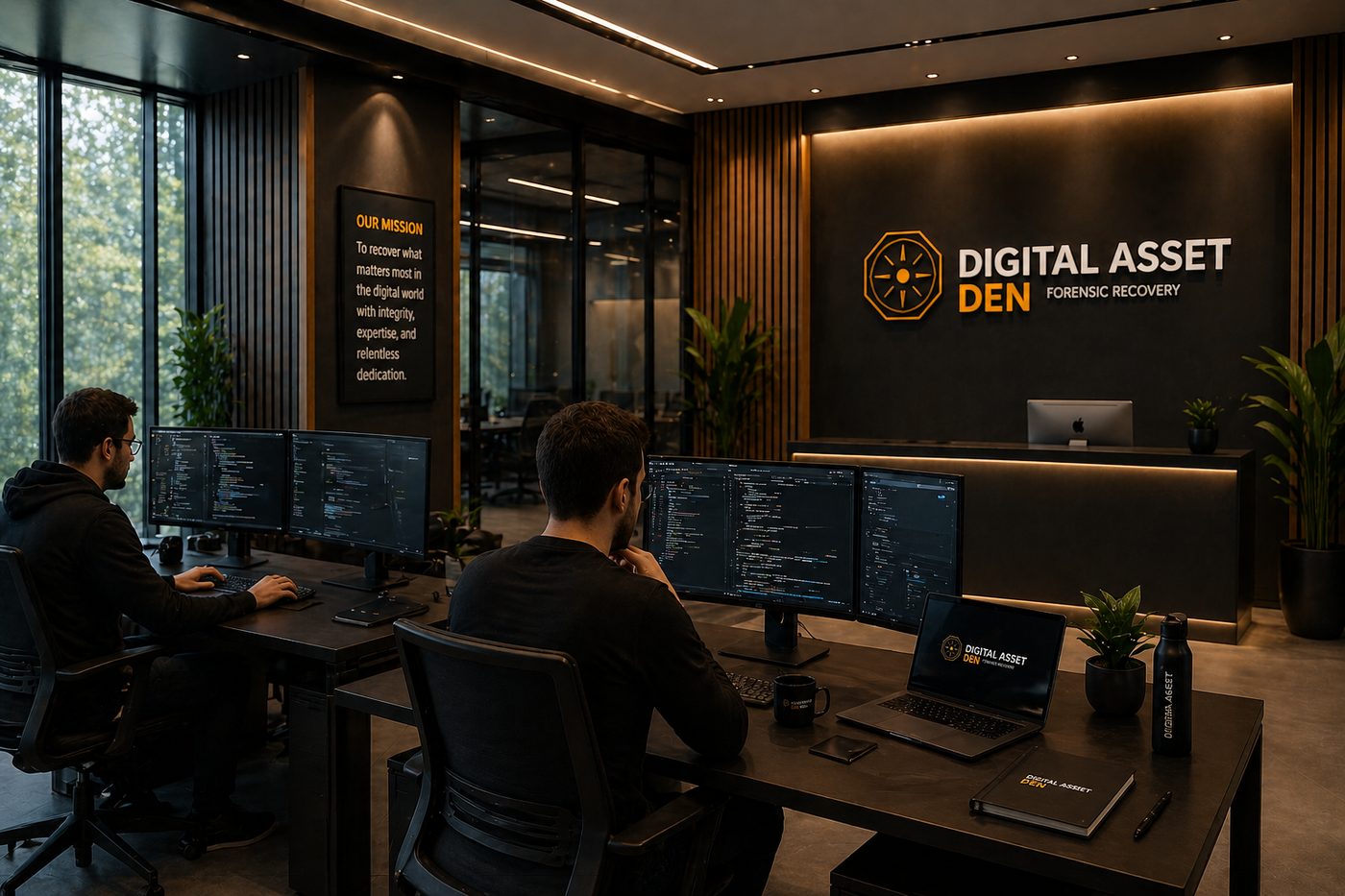 Digital Asset Den analysts at forensic workstations — chain mapping and smart-contract review in progress