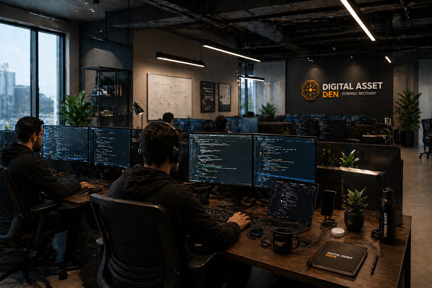 Digital Asset Den forensic tech operations room — analyst workstations and case dashboards